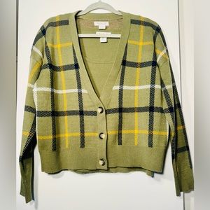 Rachel Zoe - Women’s Green Multicolor Plaid V-Neck Soft Knit Y2K Cardigan Set.